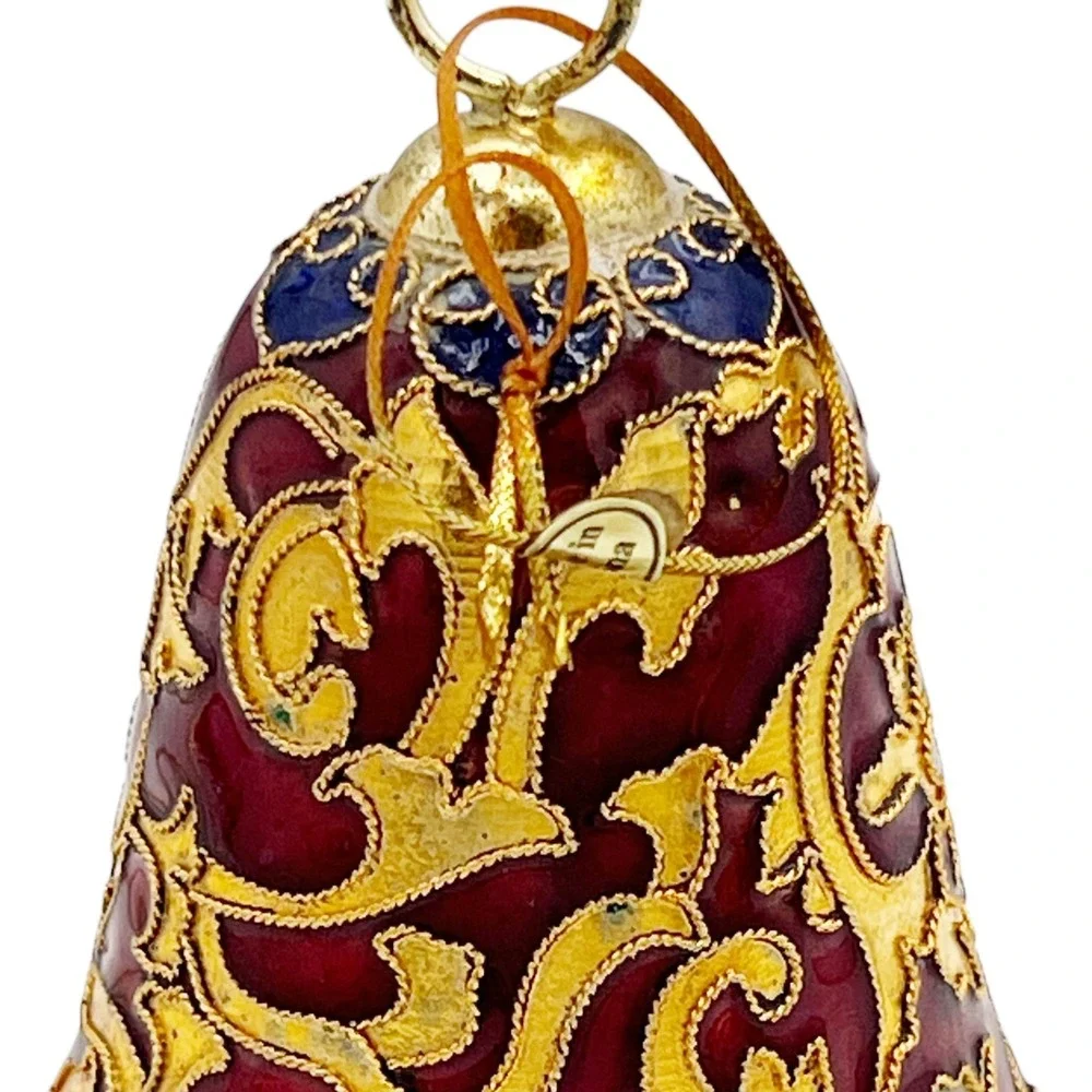2 VTG Cloisonné Enamel Bell Ornaments Red & Gold Floral Scrollwork Gilt Brass 3